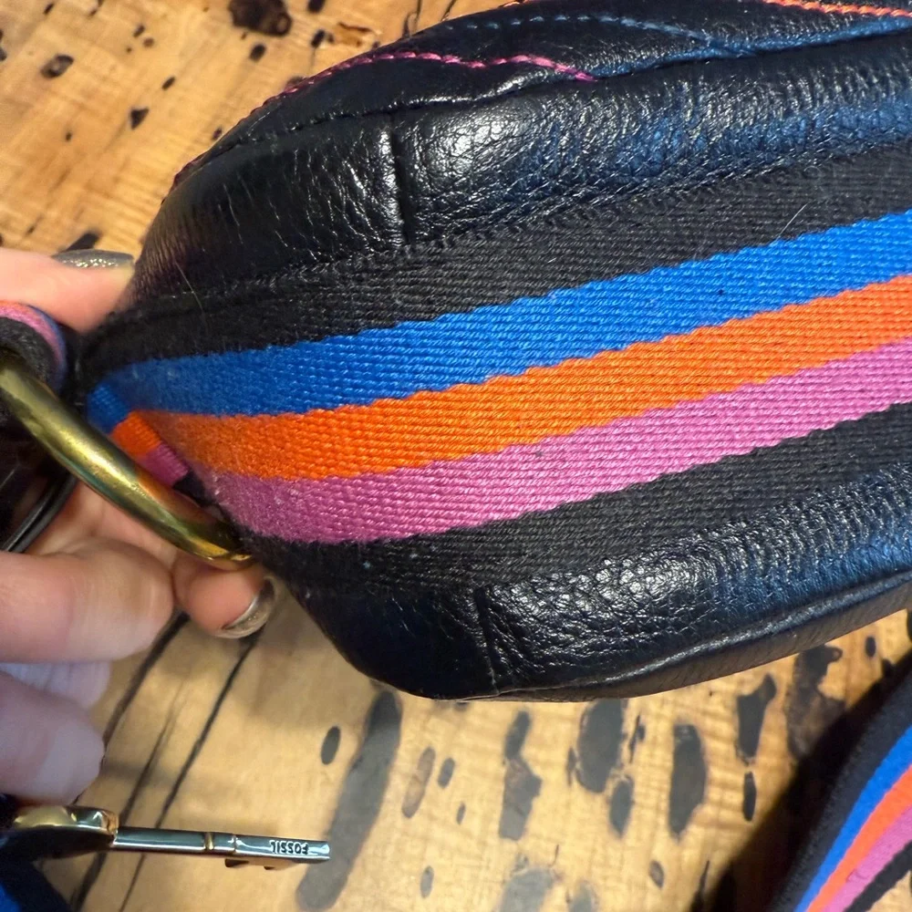 Fossil Black Quilted Crossbody Bag with Multicolor Strap - Picture 9 of 13